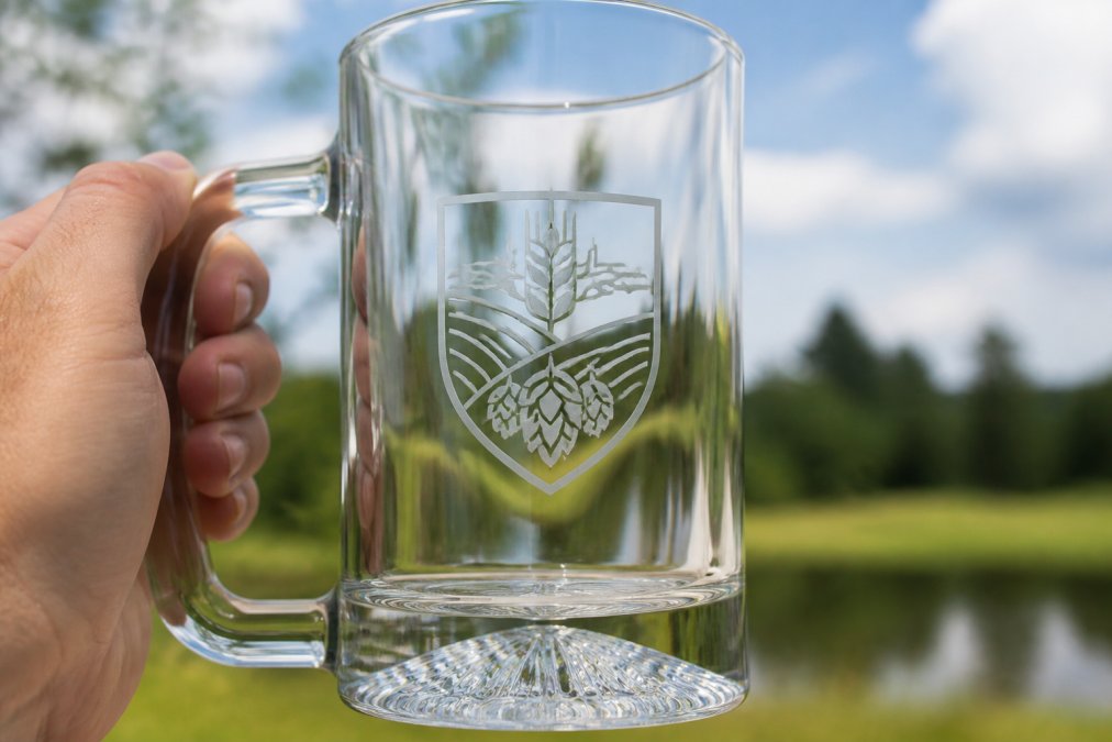 Close-up of a premium etched beer mug with crisp logo detail held against natural light, showing glass clarity and fine engraving lines on the mug surface
