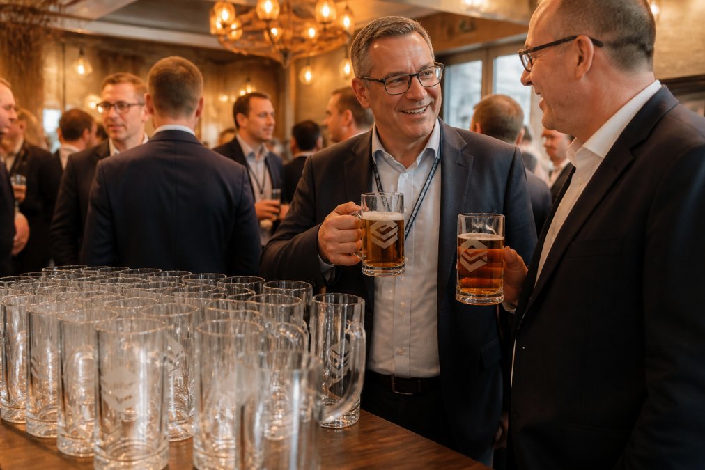 Corporate event setting with branded beer mugs displayed on a table, guests holding and using the mugs, showing real-world application in a hospitality environment with warm lighting