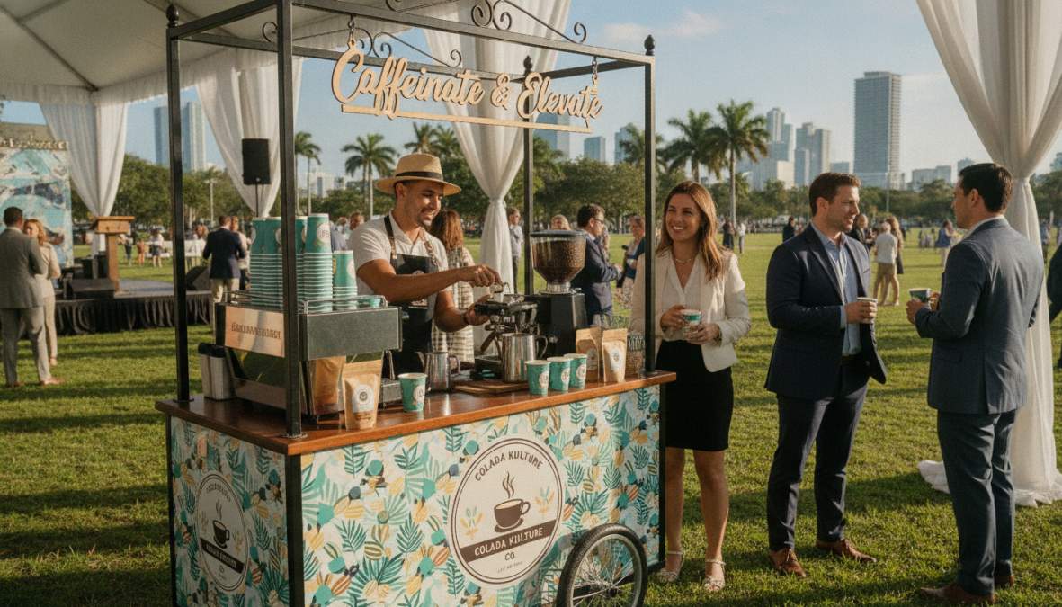 Professional illustration showing custom branded coffee carts for activations