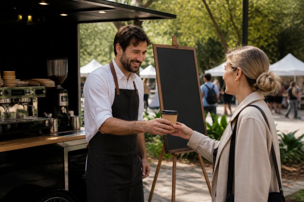 A barista in an apron handing a branded coffee cup to a smiling guest at an outdoor event, with a mobile espresso cart and custom menu board visible in the background
