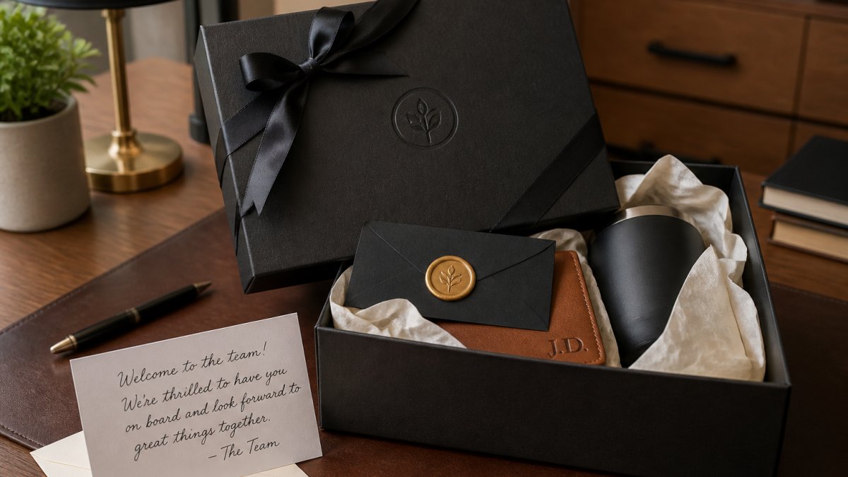 Elegantly wrapped premium gift box with custom branded logo embossing, personalized monogram visible on the package, accompanied by a handwritten welcome note and tissue paper on a clean, professional desk surface with warm lighting