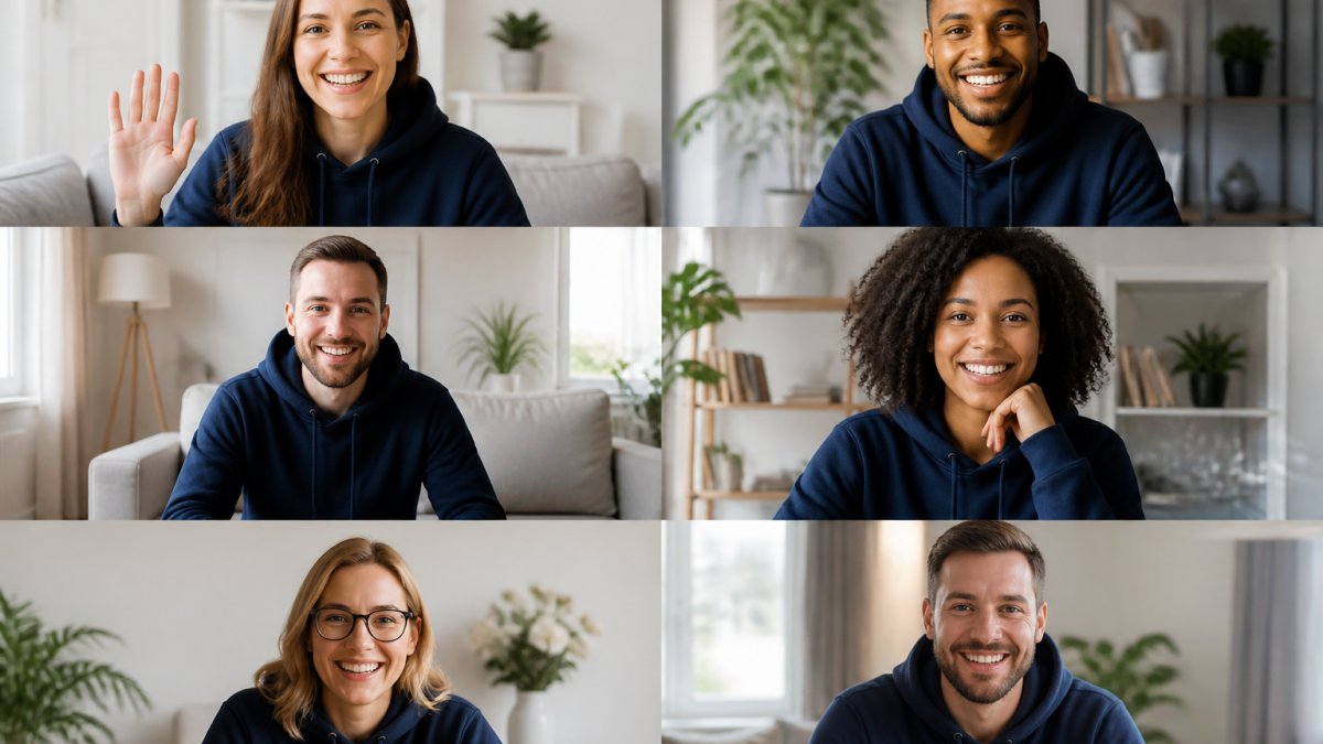 Remote team members wearing branded merchandise to boost employee engagement during a virtual meeting