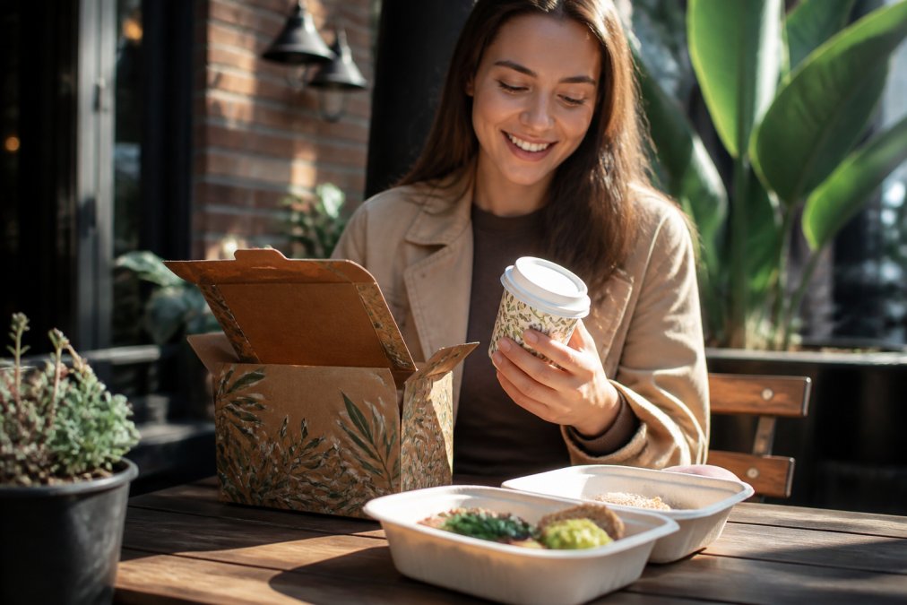 Customer opening a takeaway container with vibrant custom branded artwork visible, smiling while examining the compostable cup in natural sunlight at an outdoor café