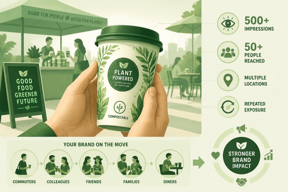Close-up of hands holding a vibrant custom branded compostable coffee cup with distinctive artwork, showing the cup in use at an outdoor market café setting with natural sunlight