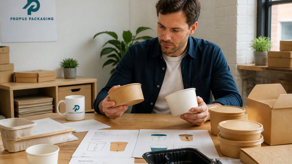 Food business owner examining branded packaging samples and design mockups spread across a wooden table, reviewing different container colours and printed logos under natural office lighting