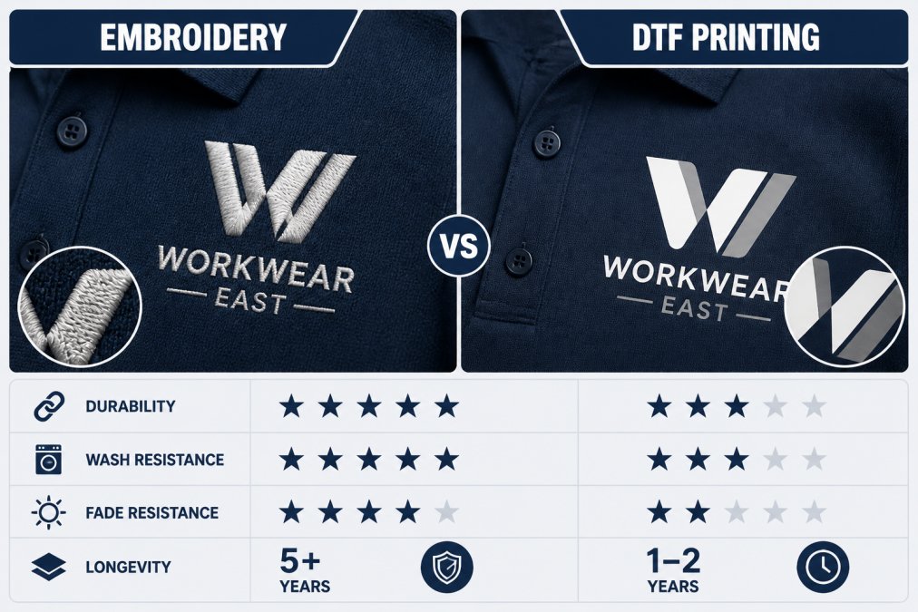 Close-up of embroidered logo on work polo shirt showing detailed thread stitching and professional finish compared to DTF-printed design on similar garment under natural lighting