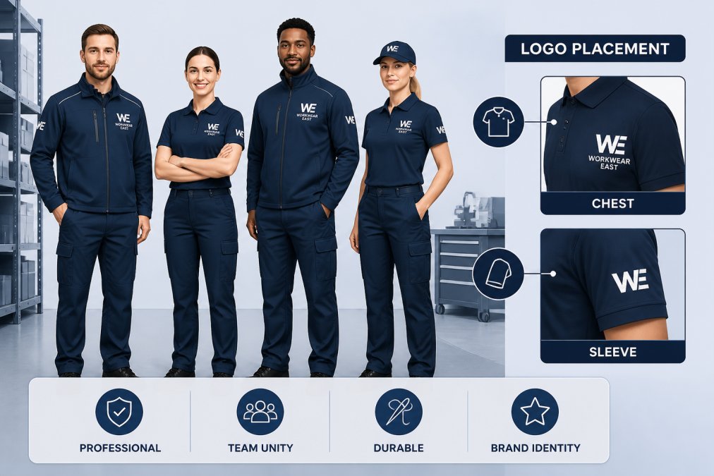 Team of workers wearing matching branded uniforms in professional workplace setting, showing logo placement on chest and sleeve areas with cohesive branded appearance