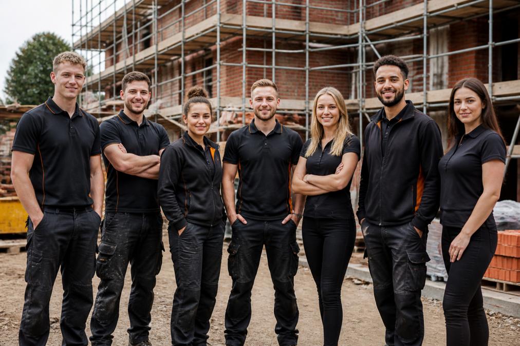 A diverse team of tradespeople and office staff wearing matching branded polo shirts and embroidered workwear with company logos, standing together on a construction site, showing team unity and professional appearance