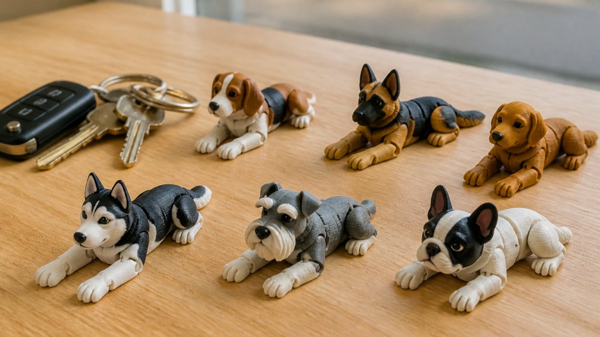 Six small articulated 3D-printed dog figurines arranged on a wooden desk next to a set of keys in soft daylight.