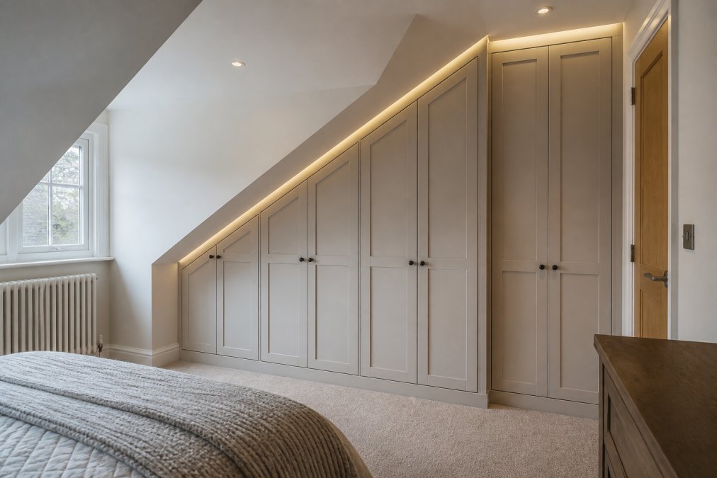 A fitted wardrobe with shaker doors following the slope of a loft ceiling, showing an angled frame and integrated LED lighting in a bright bedroom