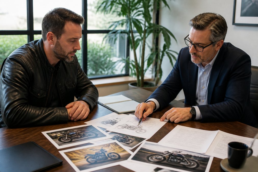 Insurance agent meeting with motorcycle owner in a professional office setting, reviewing custom motorcycle photos and build documentation on a desk with natural window lighting