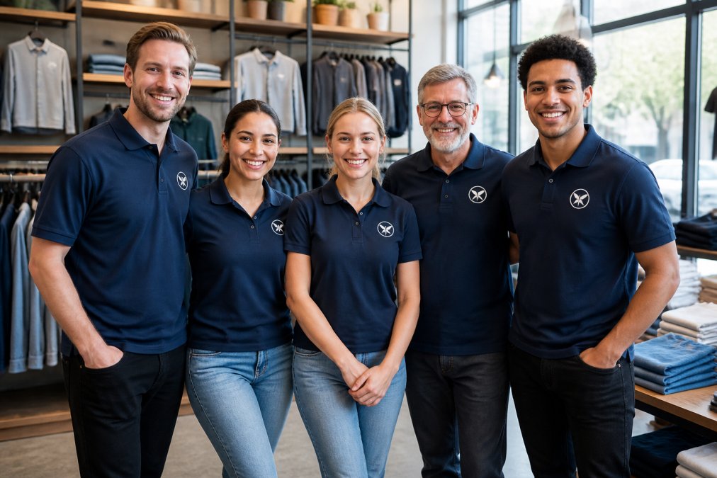Professional illustration showing group and smiling and employees concepts for custom business apparel