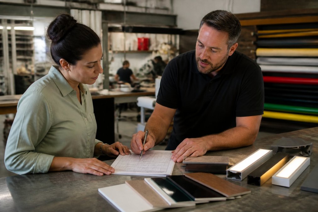 A small business owner reviewing a detailed quote document with a sign fabricator at a workshop counter, samples of materials and lighting options spread between them