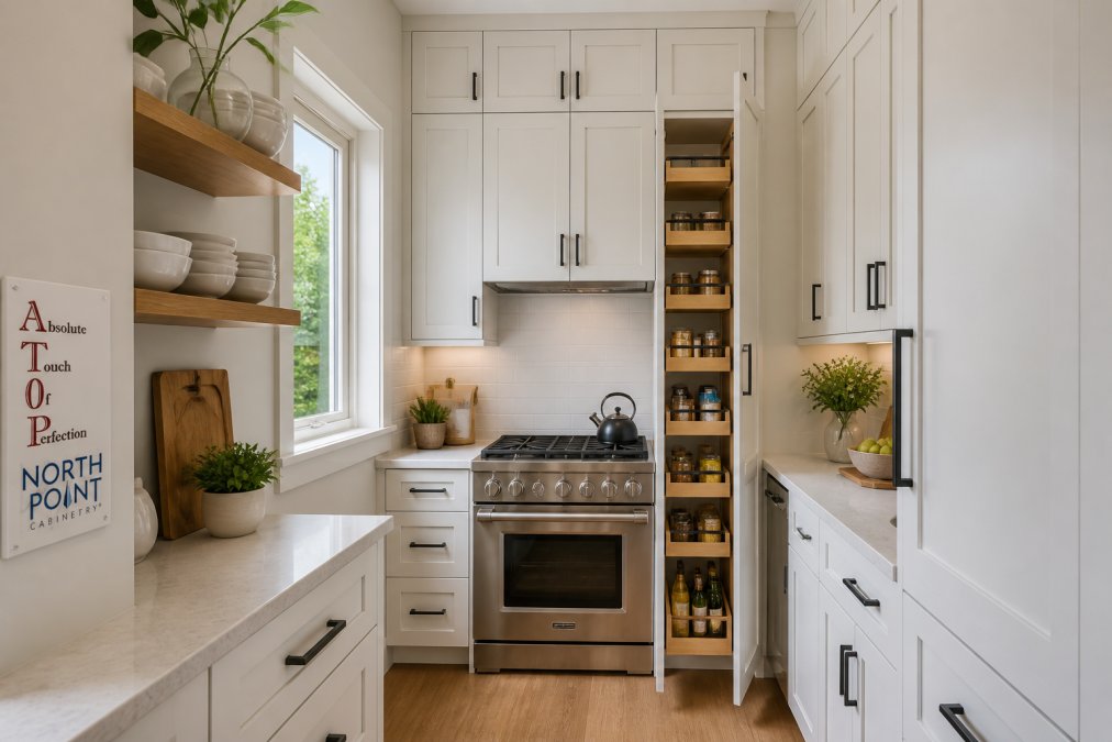 A bright compact kitchen with tall white shaker upper cabinets reaching the ceiling, warm wood open shelves on one wall, and a slim pull-out pantry column beside the range; natural daylight from a small window