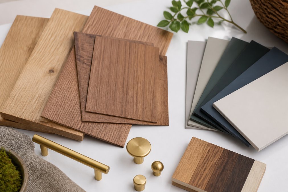 Flat-lay of premium cabinet material samples including solid oak boards, teak wood veneer sheets, and hand-painted finish swatches in muted tones arranged on a white surface alongside brushed brass hardware knobs and a small timber grain reference card