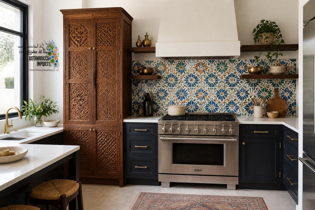 A bright, airy kitchen with a mix of modern and vintage elements: a hand-carved Moroccan-style wooden cabinet with intricate geometric patterns sits next to sleek stainless steel appliances, a colorful patterned tile backsplash and brass hardware complete the eclectic look, soft daylight from a large window