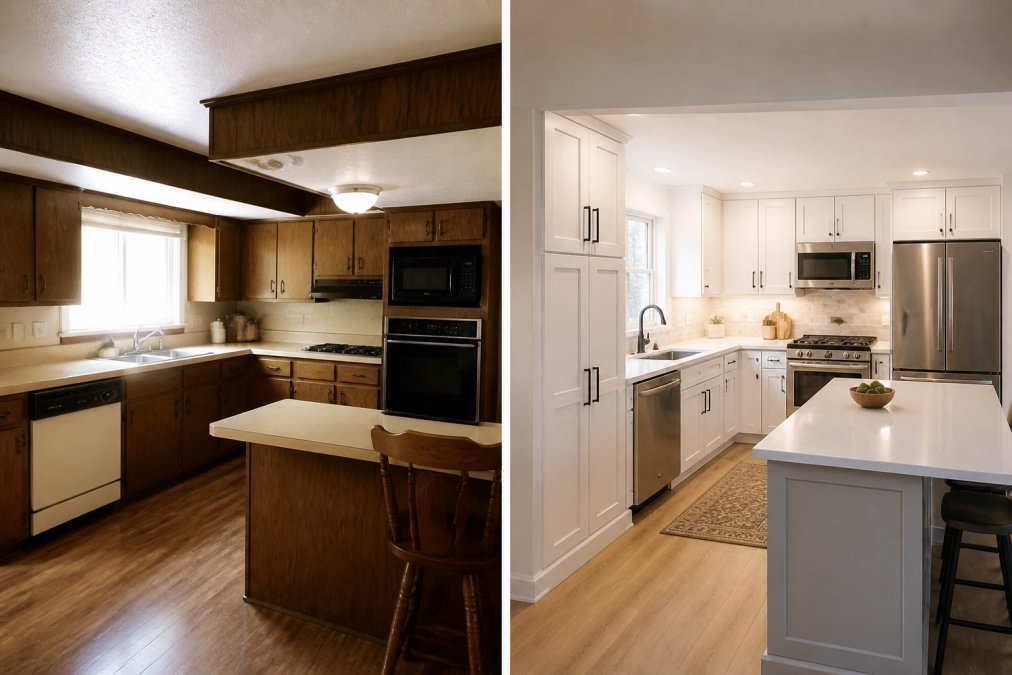 A 1970s ranch kitchen with original dark wood cabinets and a low soffit, positioned beside a modernized version of the same room with white custom cabinets, a full-height pantry, and updated stainless appliances, photographed in warm daylight