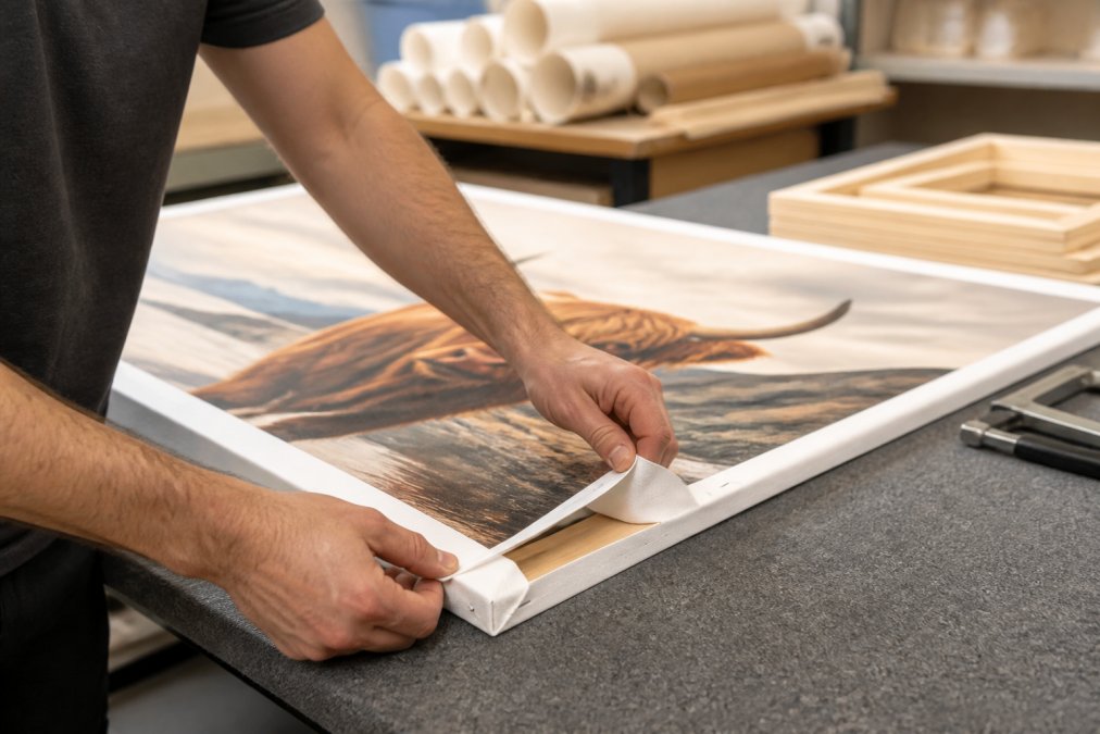 Close-up of hands carefully stretching a printed canvas over a wooden frame in a well-lit print studio, with canvas rolls and wooden stretcher bars visible on the workbench in the background