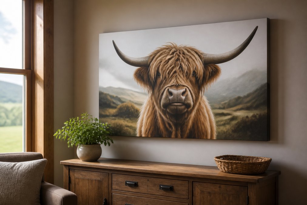 A finished Highland Cow canvas print displayed on a warm living room wall above a wooden sideboard, with soft natural light coming from a window to the left and a small plant visible on the sideboard surface