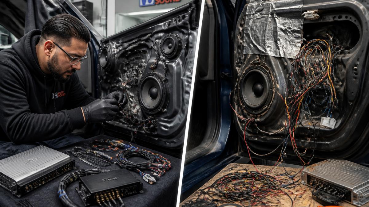 Professional technician carefully installing car audio components with precision wiring and proper speaker mounting in modern shop setting