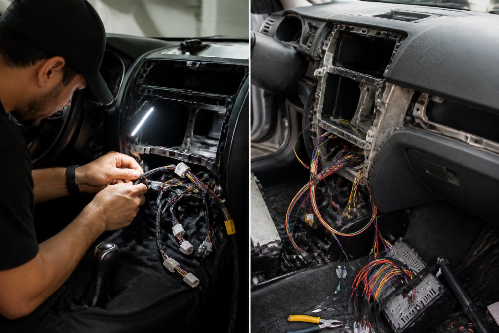 Professional technician installing car audio wiring harness and RCA cables inside vehicle dashboard with precision tools and proper lighting