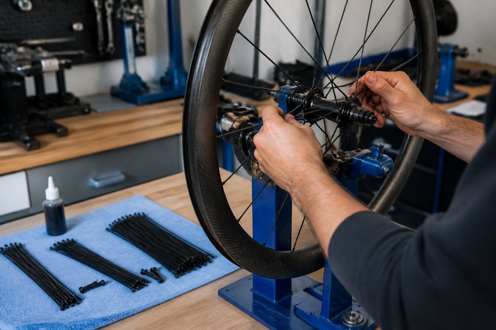 Close-up of a mechanic's hands tensioning a carbon fibre wheel mounted on a work stand, tools and spare spokes arranged neatly in a professional workshop