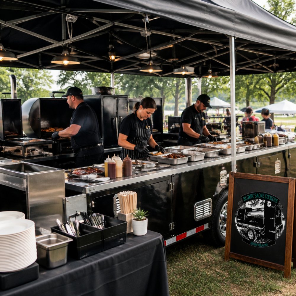 Staff preparing food at a professional mobile kitchen trailer during an outdoor event with multiple cooking stations