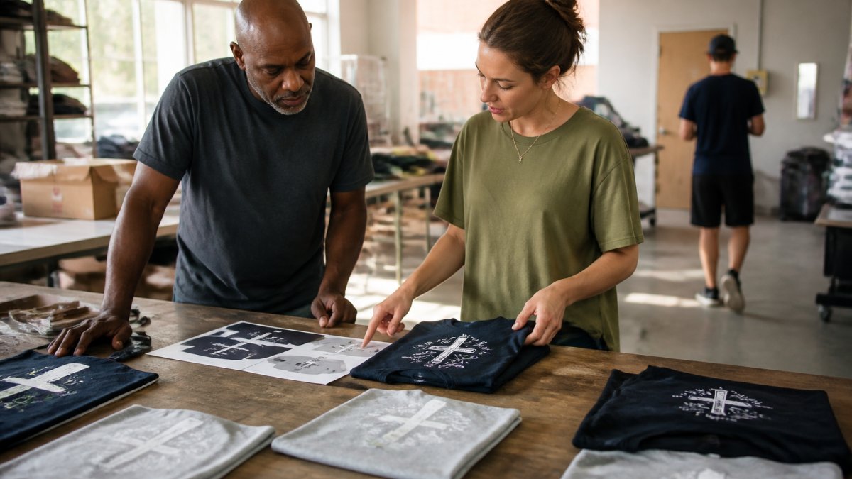 A church volunteer and a print shop staff member laying out several folded custom T-shirts on a table, comparing a printed design proof sheet next to the shirts in a bright workroom