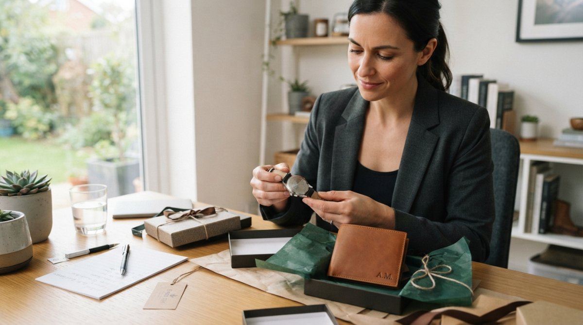 Professional business owner carefully examining personalized engraved watch and custom leather wallet, both elegantly wrapped in gift packaging on modern workspace with soft natural lighting