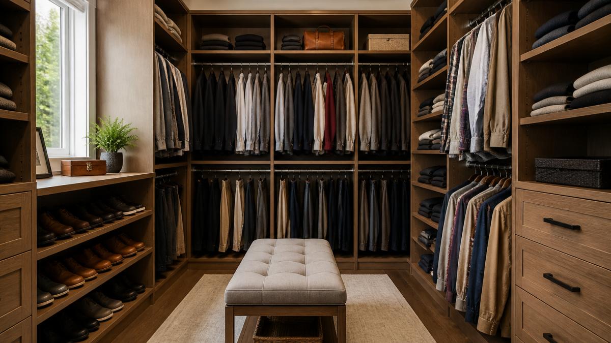 Professional walk-in closet with organized hanging rods on two walls, wooden shelves above, drawers below, folded items neatly stacked, and a small bench in the center surrounded by organized clothing and accessories in natural lighting