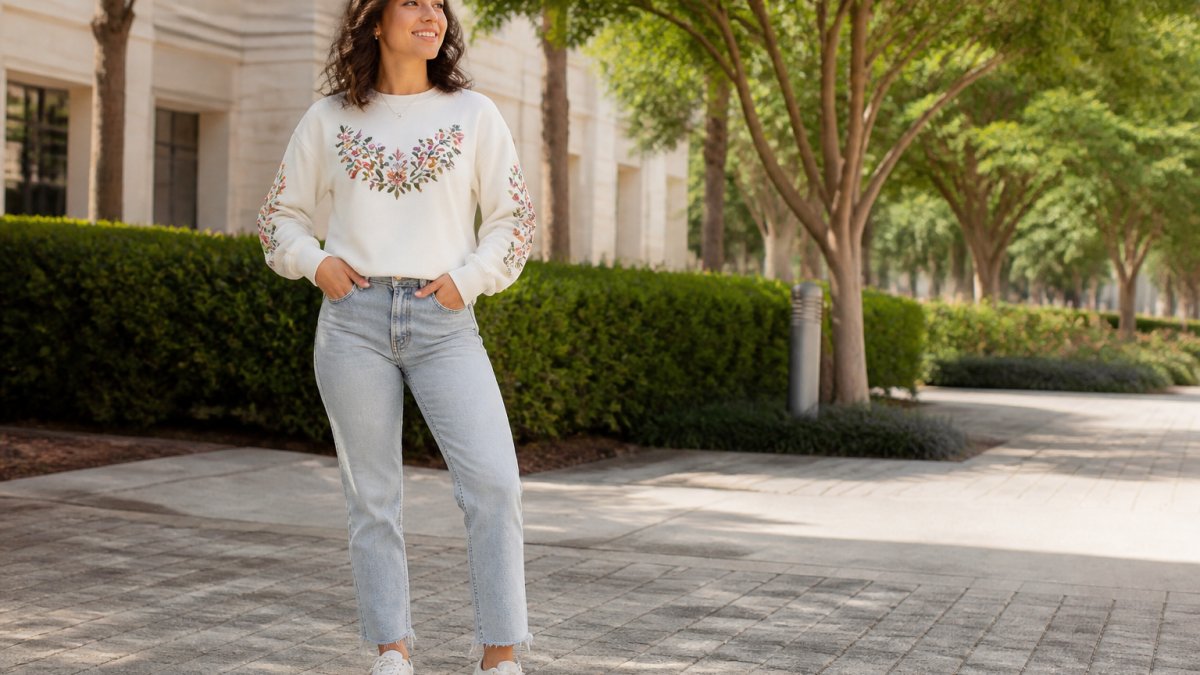 Woman wearing a custom embroidered statement sweatshirt styled with neutral jeans and sneakers, posing confidently outdoors in natural lighting