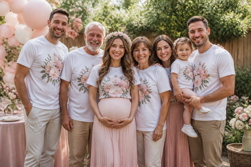 A family gathered together wearing matching floral custom t-shirts at a baby shower celebration, smiling and posing for a photo in a bright garden setting