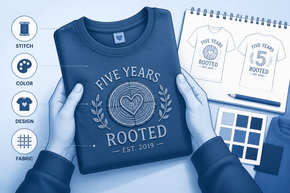 Close-up hands holding a custom t-shirt showing embroidered details and design elements, with design sketches and color swatches visible on a table nearby
