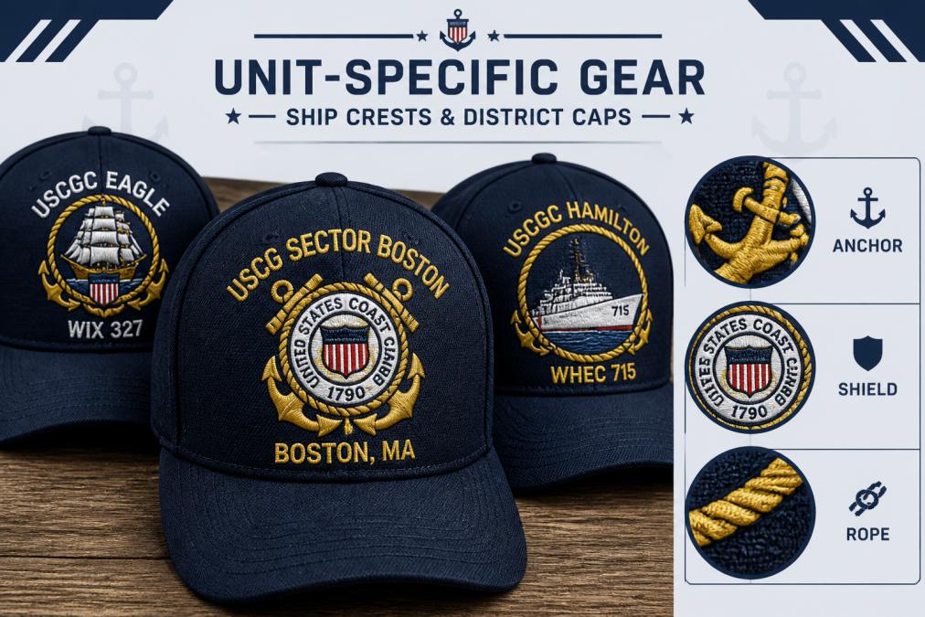 Close-up of embroidered Coast Guard unit crests and ship insignia on navy blue caps displayed on a wooden surface, showing detailed embroidery thread work and anchor seals