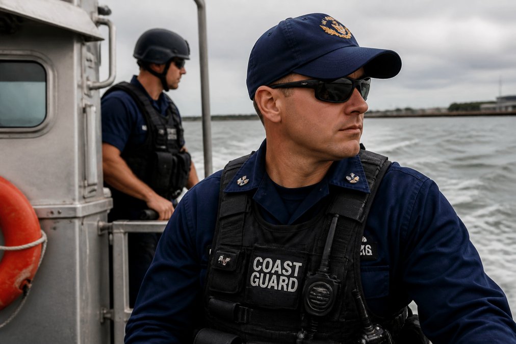 Active duty Coast Guard personnel wearing embroidered caps and uniforms during outdoor service operations, demonstrating real-world durability and wear conditions