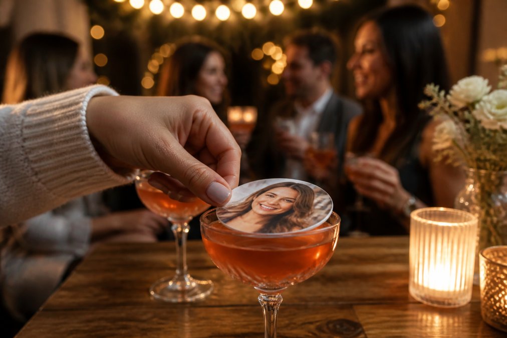 A hand placing a round edible wafer paper topper printed with a smiling photo onto a cocktail glass, festive string lights and party guests blurred in the warm background