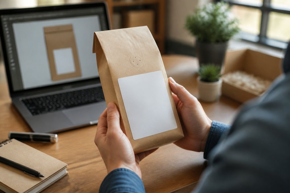 Step-by-step process for applying custom coffee labels to corporate gift bags in a home office setting