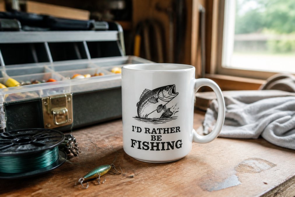 A white ceramic mug printed with a funny fishing quote sitting on a wooden workbench beside a tackle box and coiled fishing line, morning light through a garage window