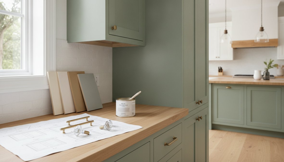 Modern kitchen with custom-painted inset cabinets in soft white, showing the face frame detail and door reveal clearly, with natural morning light highlighting the finish quality and craftsmanship