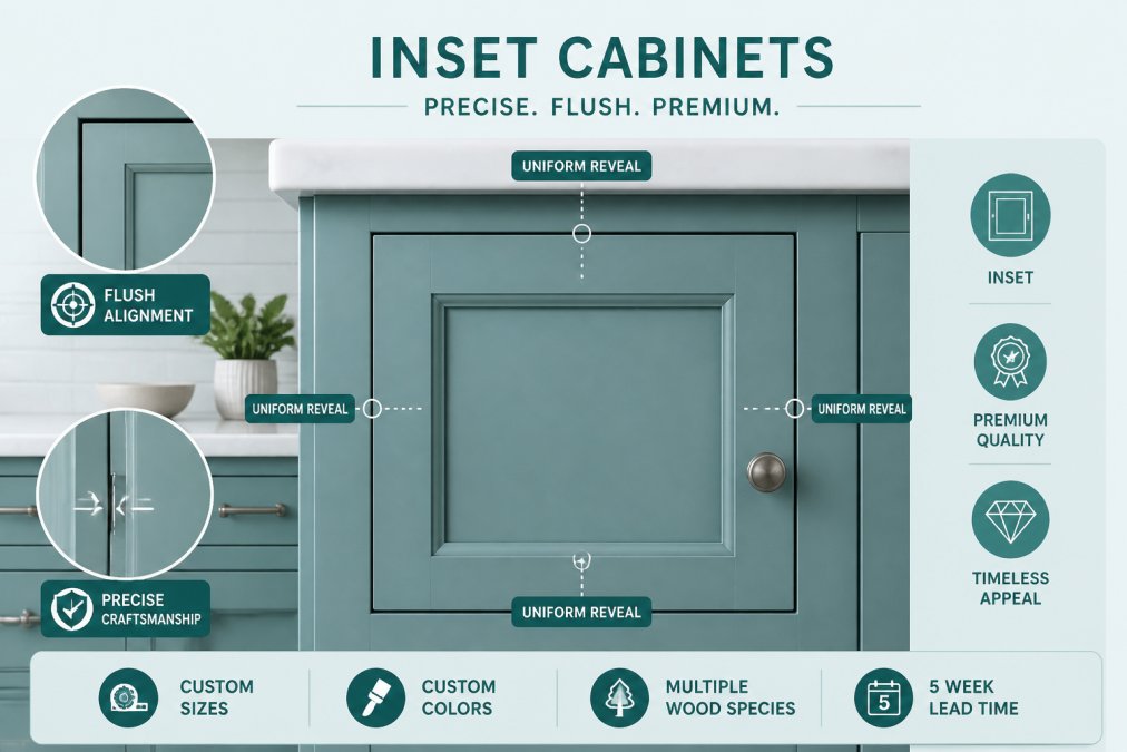 Close-up of inset cabinet door showing precise flush alignment with face frame and uniform door reveal on all sides in a modern kitchen setting