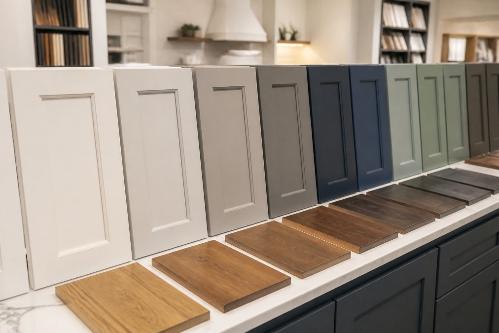Kitchen showroom displaying multiple inset cabinet door samples in various Sherwin Williams paint colors including soft whites, warm grays, and bold accent colors with different wood species visible