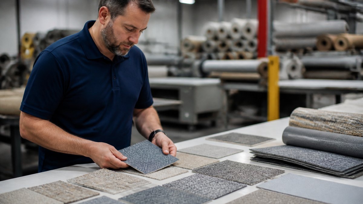Professional production manager examining custom color marine flooring samples laid out on a work table, comparing textures and colors under bright workshop lighting in a manufacturing facility
