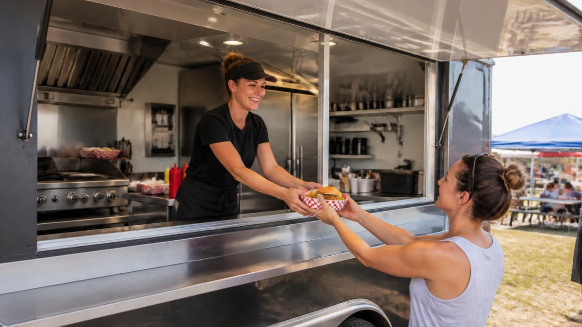 A food vendor working inside a custom concession trailer with stainless steel counters, a service window open to customers outside, and organized equipment visible in the background