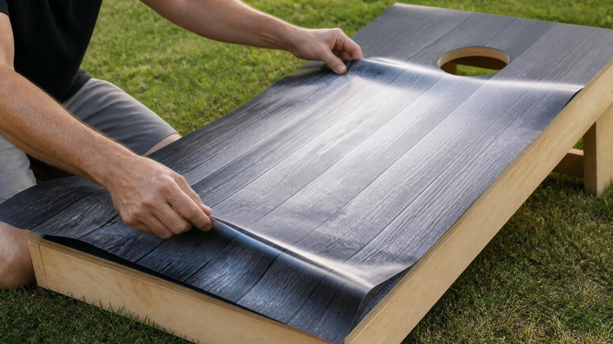 Hands carefully positioning and smoothing a vinyl cornhole board wrap onto a wooden board surface, showing proper alignment technique with natural outdoor lighting