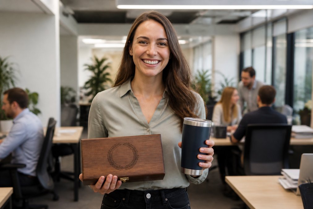 Employee holding a custom corporate gifts wooden box and tumbler in a modern office workspace