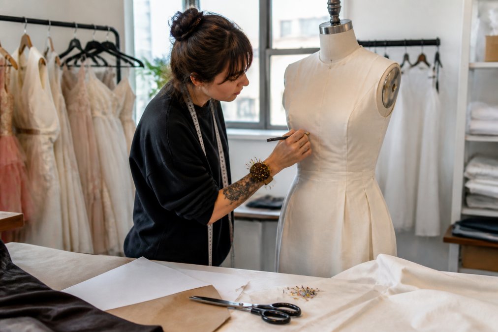 A seamstress marking a muslin toile on a dress form in a bright Calgary sewing studio, with pattern paper, pins, and fabric shears on the table