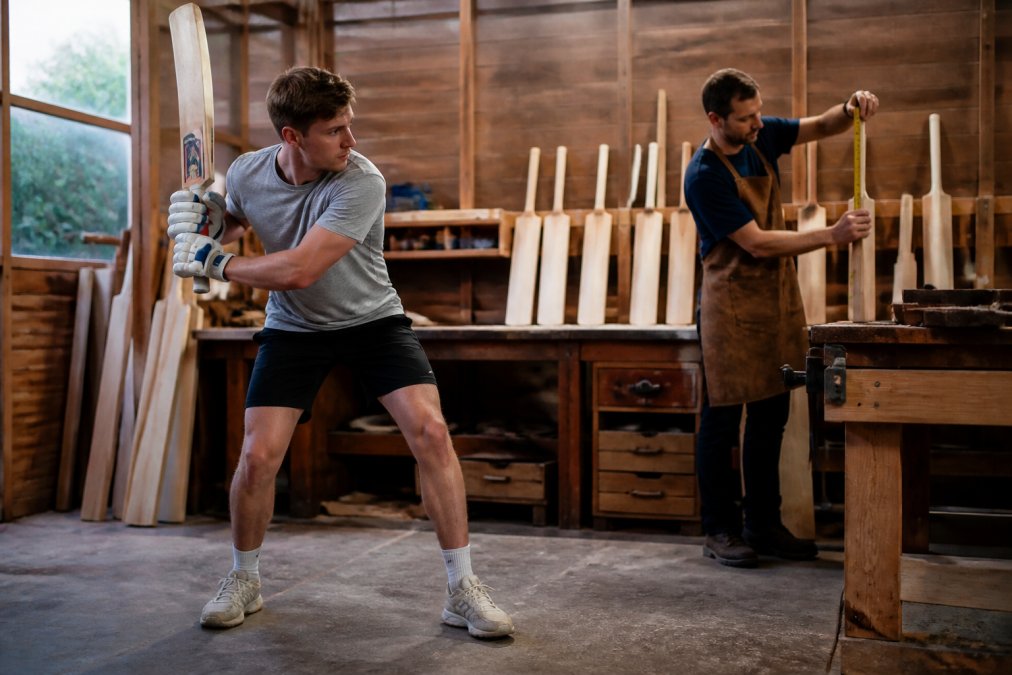 A batsman holding a custom cricket bat in his stance inside a timber workshop, while a craftsman measures the handle length in the background under warm workshop lighting
