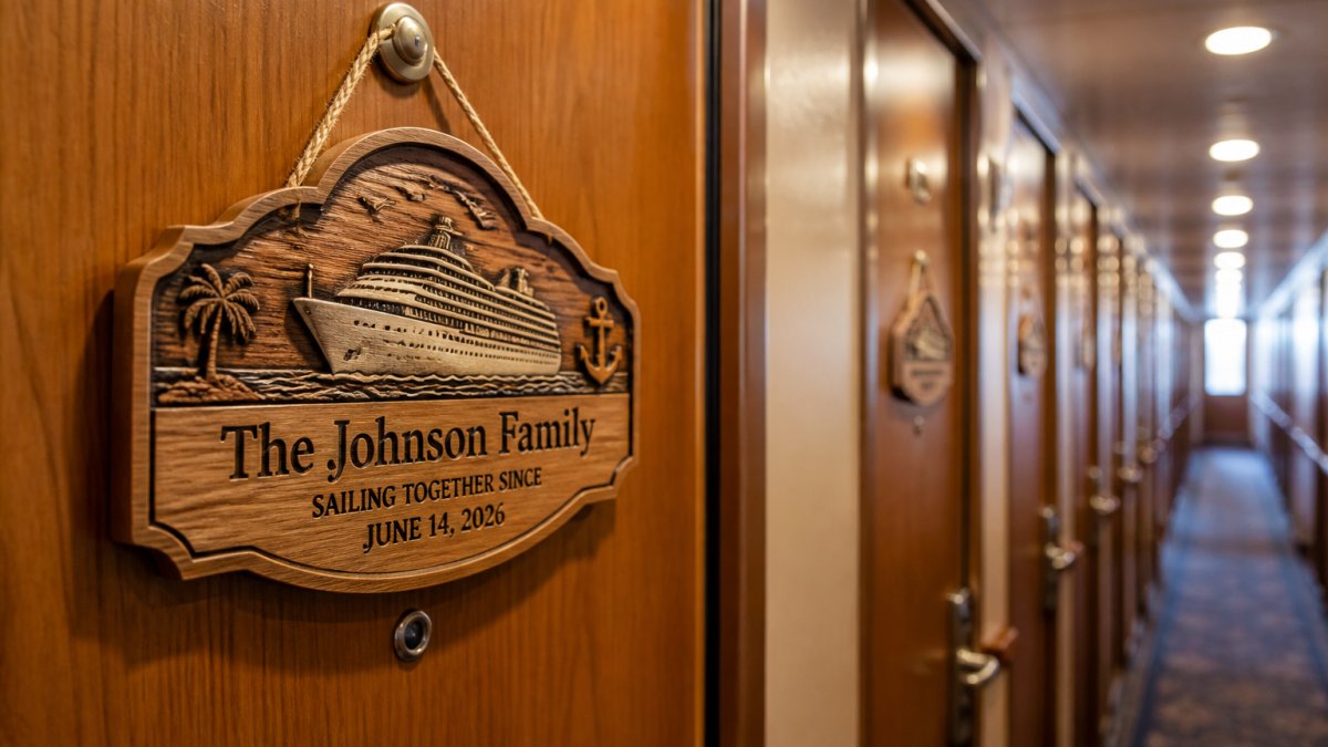 Close-up of a handcrafted wooden cruise door plaque with a family name and sailing date mounted on a cruise cabin door, with a hallway of identical cabin doors softly blurred in the background