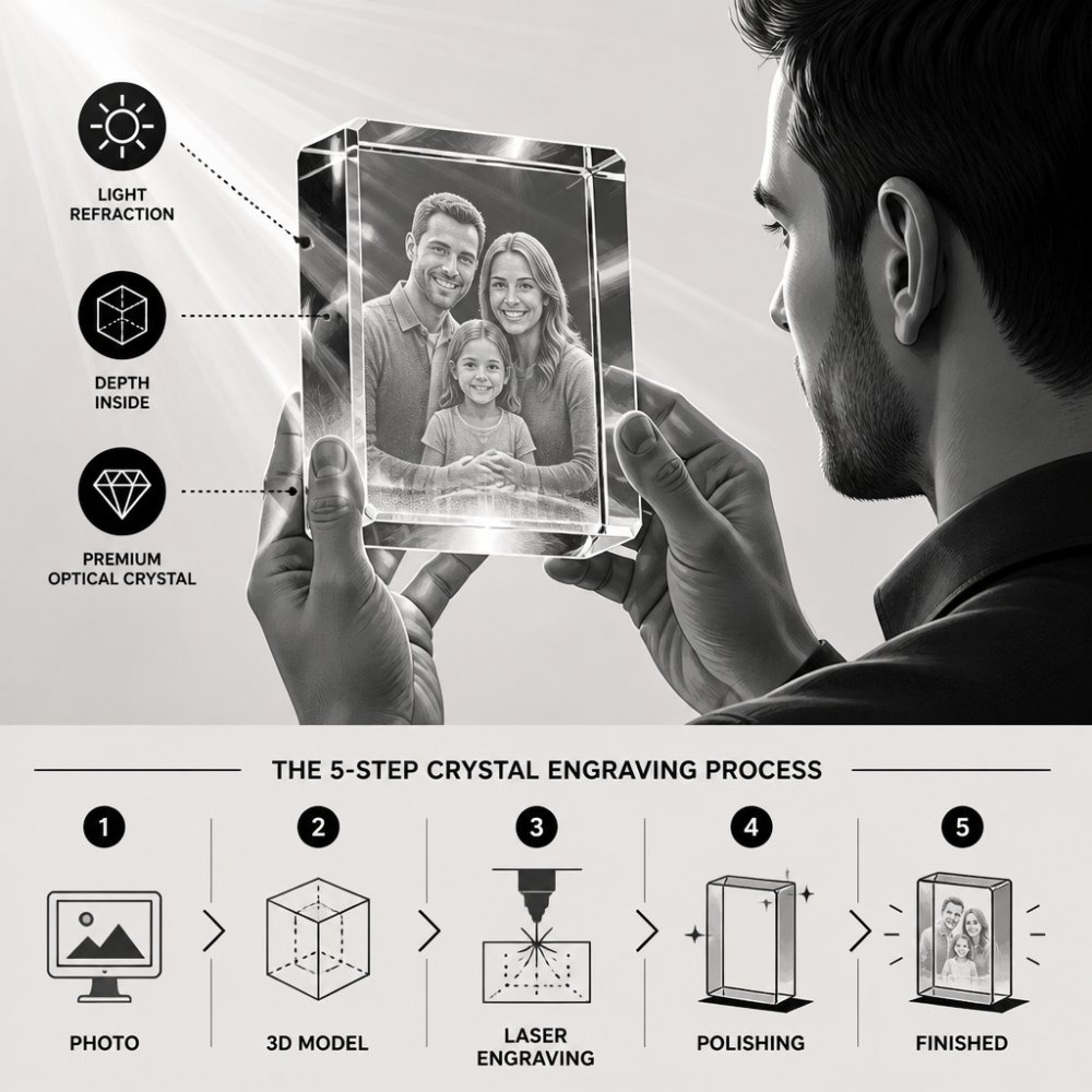 Professional holding up a finished 3D laser-engraved crystal keepsake to bright light, showing internal etching with light refraction visible through the optical crystal creating depth and dimension