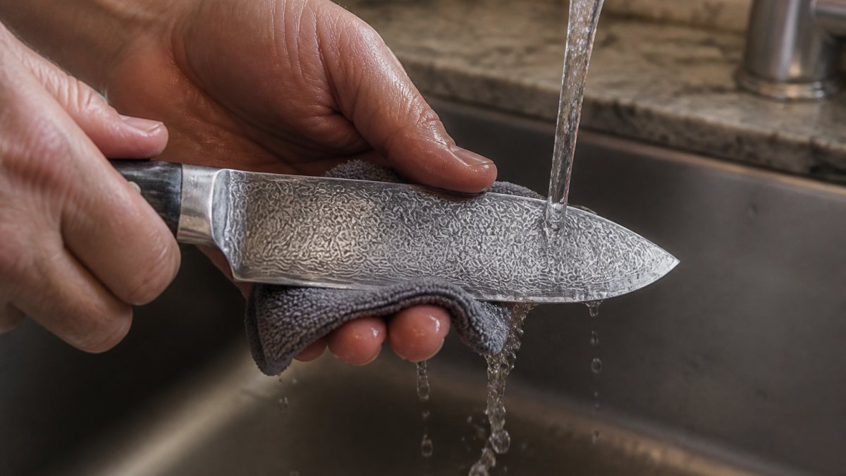 Close-up of hands rinsing a Damascus steel blade under warm running water with a soft cloth, showing the distinctive layered steel pattern clearly visible